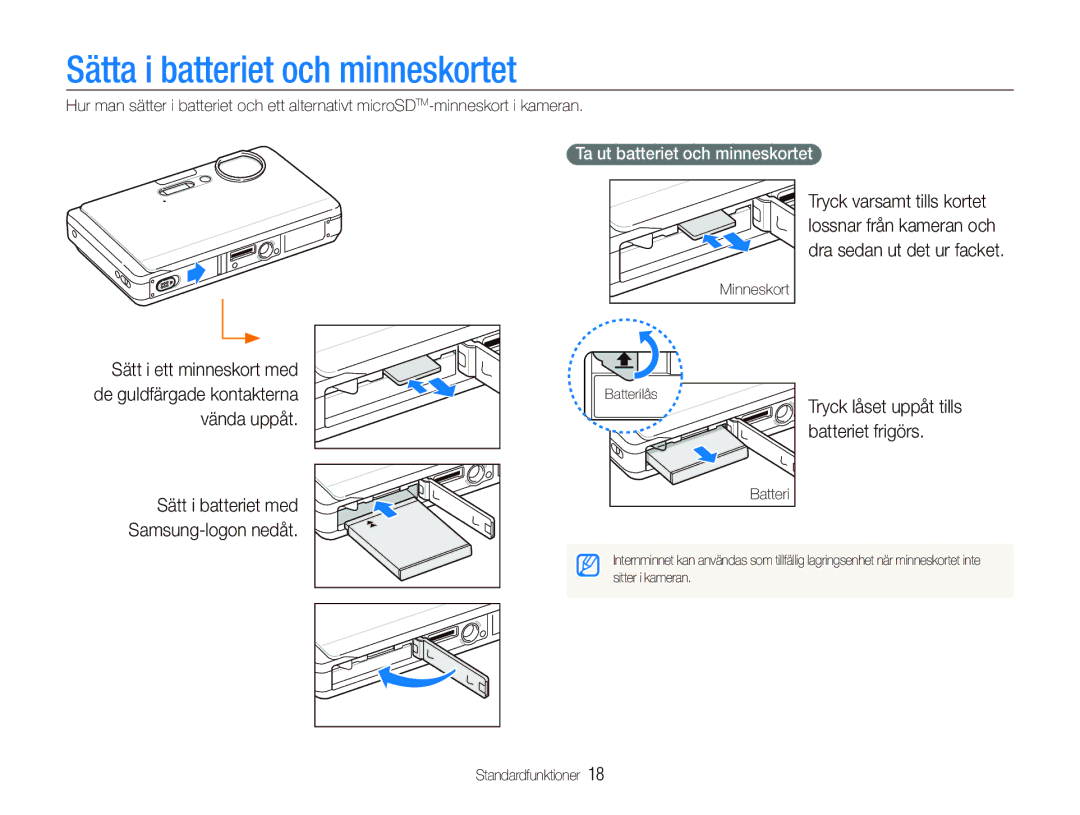 Samsung EC-ST1000BPUE2, EC-ST1000BPRE2 manual Sätta i batteriet och minneskortet, Ta ut batteriet och minneskortet, Batteri 