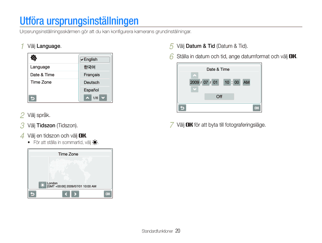 Samsung EC-ST1000BPBE2, EC-ST1000BPRE2, EC-ST1000BPGE2, EC-ST1000BPSE2 manual Utföra ursprungsinställningen, Välj språk 