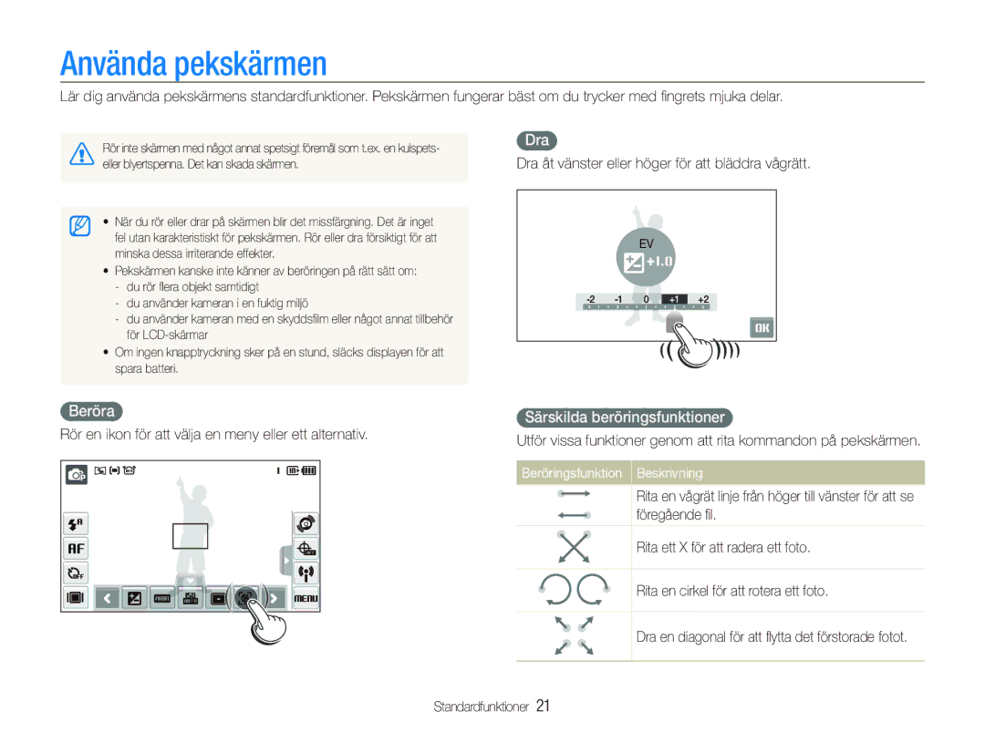 Samsung EC-ST1000BPGE2 manual Använda pekskärmen, Dra, Beröra, Särskilda beröringsfunktioner, Beröringsfunktion Beskrivning 