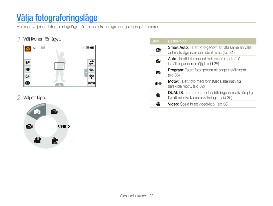 Samsung EC-ST1000BPSE2, EC-ST1000BPRE2, EC-ST1000BPBE2 Välja fotograferingsläge, Välj ikonen för läget Välj ett läge, Läge 