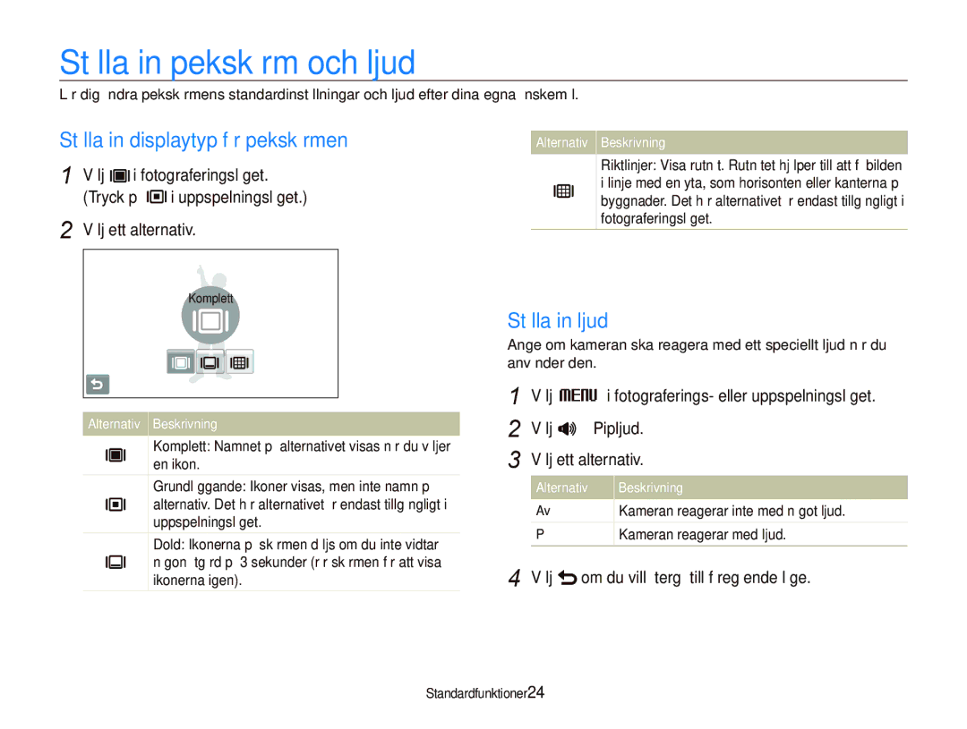 Samsung EC-ST1000BPRE2, EC-ST1000BPBE2 Ställa in pekskärm och ljud, Ställa in displaytyp för pekskärmen, Ställa in ljud 