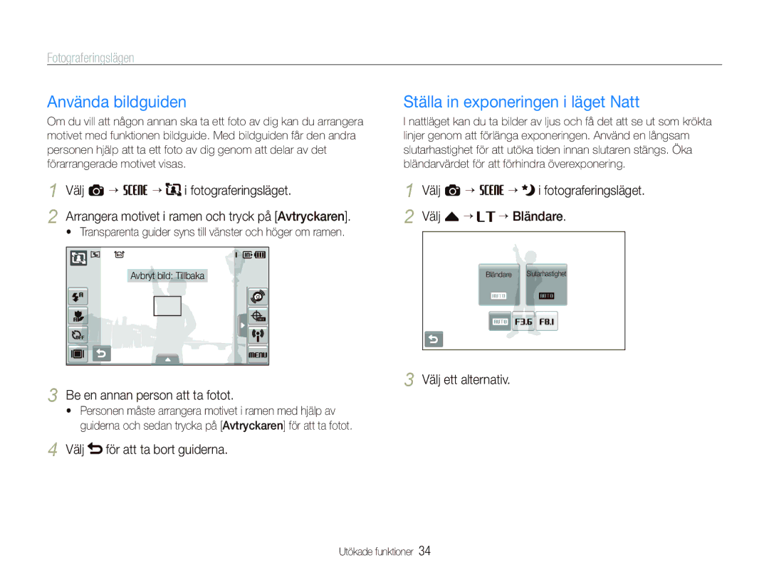 Samsung EC-ST1000BPRE2, EC-ST1000BPBE2, EC-ST1000BPGE2 manual Använda bildguiden, Ställa in exponeringen i läget Natt 