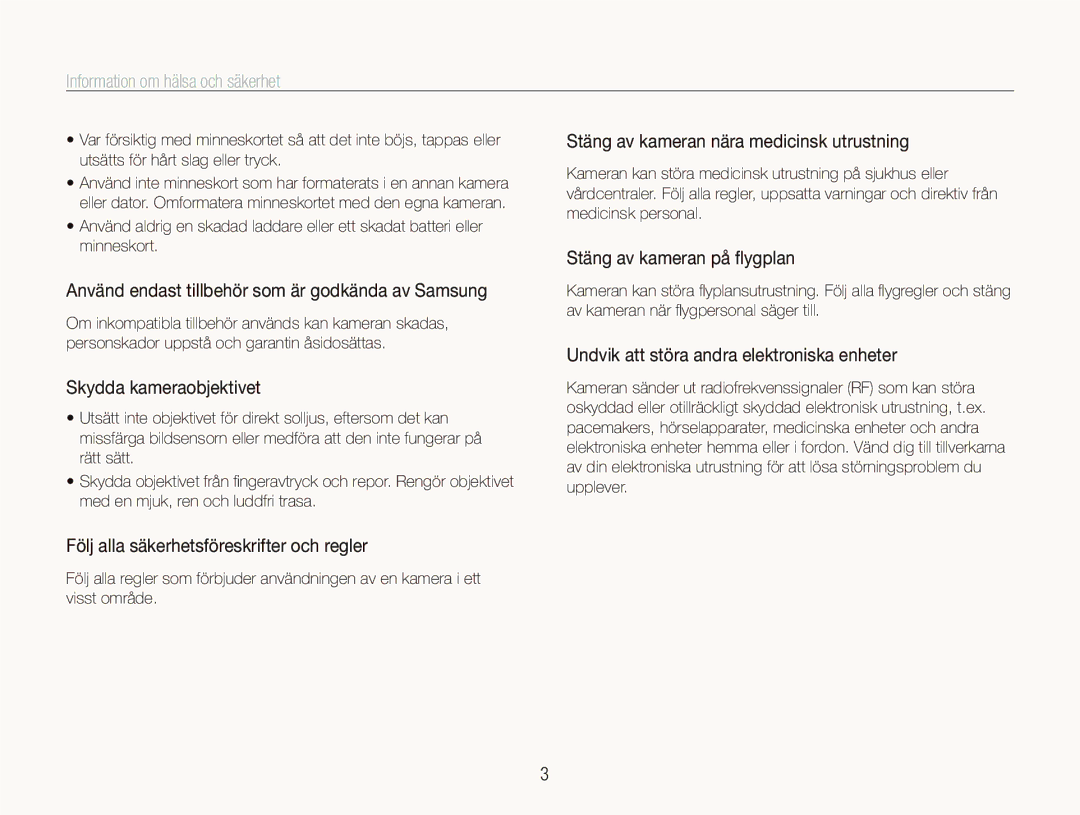 Samsung EC-ST1000BPUE2, EC-ST1000BPRE2 manual Använd endast tillbehör som är godkända av Samsung, Skydda kameraobjektivet 