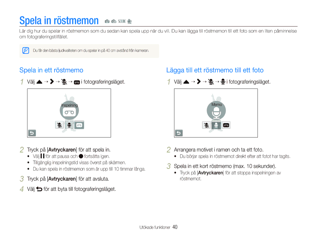 Samsung EC-ST1000BPBE2 manual Spela in röstmemon a p s d, Spela in ett röstmemo, Lägga till ett röstmemo till ett foto 