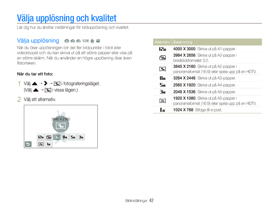 Samsung EC-ST1000BPSE2, EC-ST1000BPRE2, EC-ST1000BPBE2 manual Välja upplösning och kvalitet, Välja upplösning S a p s d 