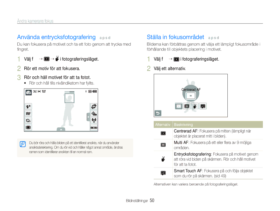 Samsung EC-ST1000BPBE2, EC-ST1000BPRE2 manual Använda entrycksfotografering a p s d, Ställa in fokusområdet a p s d 