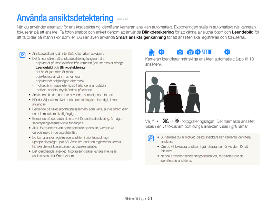 Samsung EC-ST1000BPGE2, EC-ST1000BPRE2, EC-ST1000BPBE2 manual Använda ansiktsdetektering a p s d, Identiﬁera ansikten 