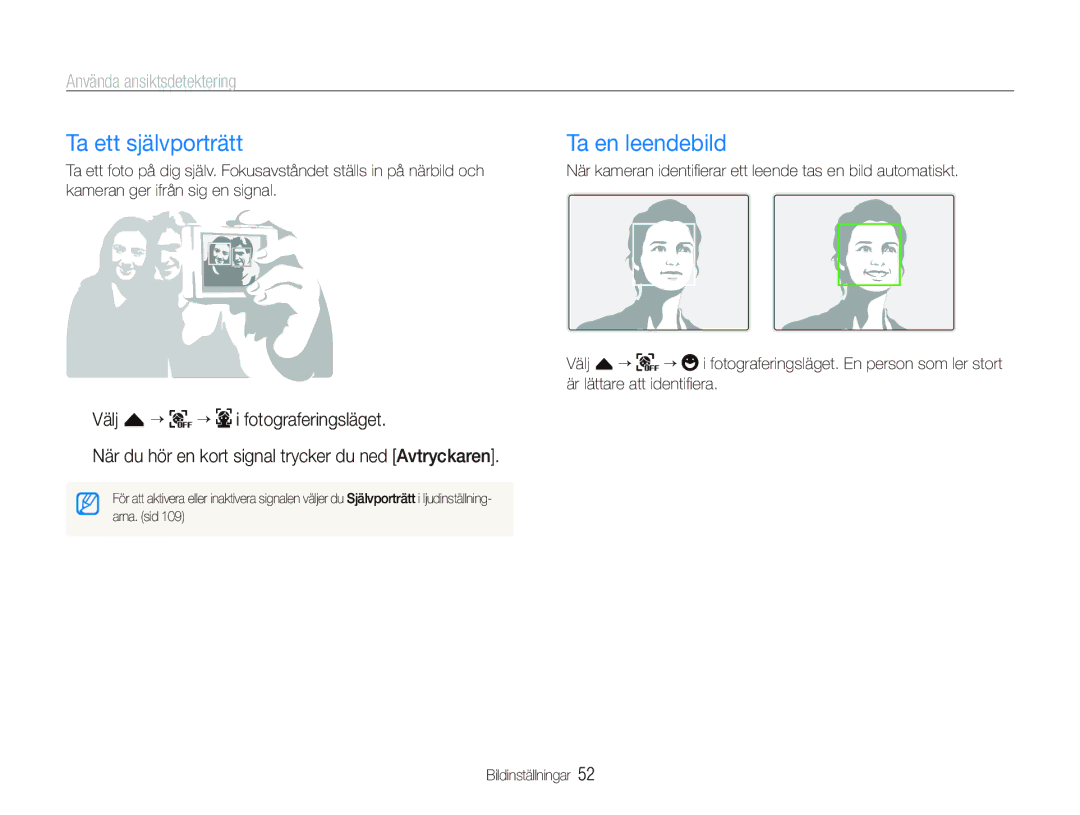 Samsung EC-ST1000BPSE2, EC-ST1000BPRE2, EC-ST1000BPBE2 Ta ett självporträtt, Ta en leendebild, Använda ansiktsdetektering 
