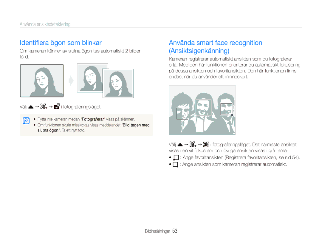 Samsung EC-ST1000BPUE2, EC-ST1000BPRE2 manual Identiﬁera ögon som blinkar, Använda smart face recognition Ansiktsigenkänning 