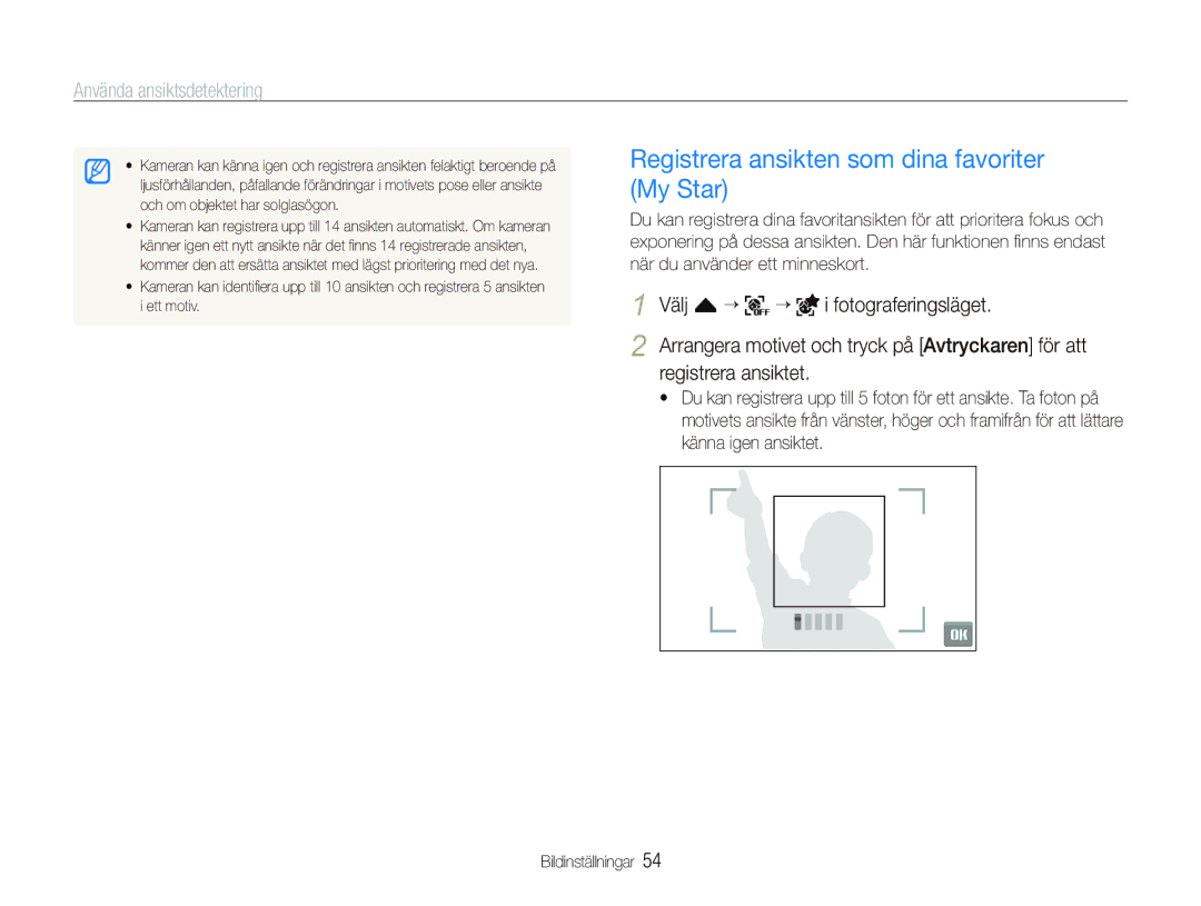 Samsung EC-ST1000BPRE2, EC-ST1000BPBE2 manual Registrera ansikten som dina favoriter My Star, Välj f “ Fotograferingsläget 