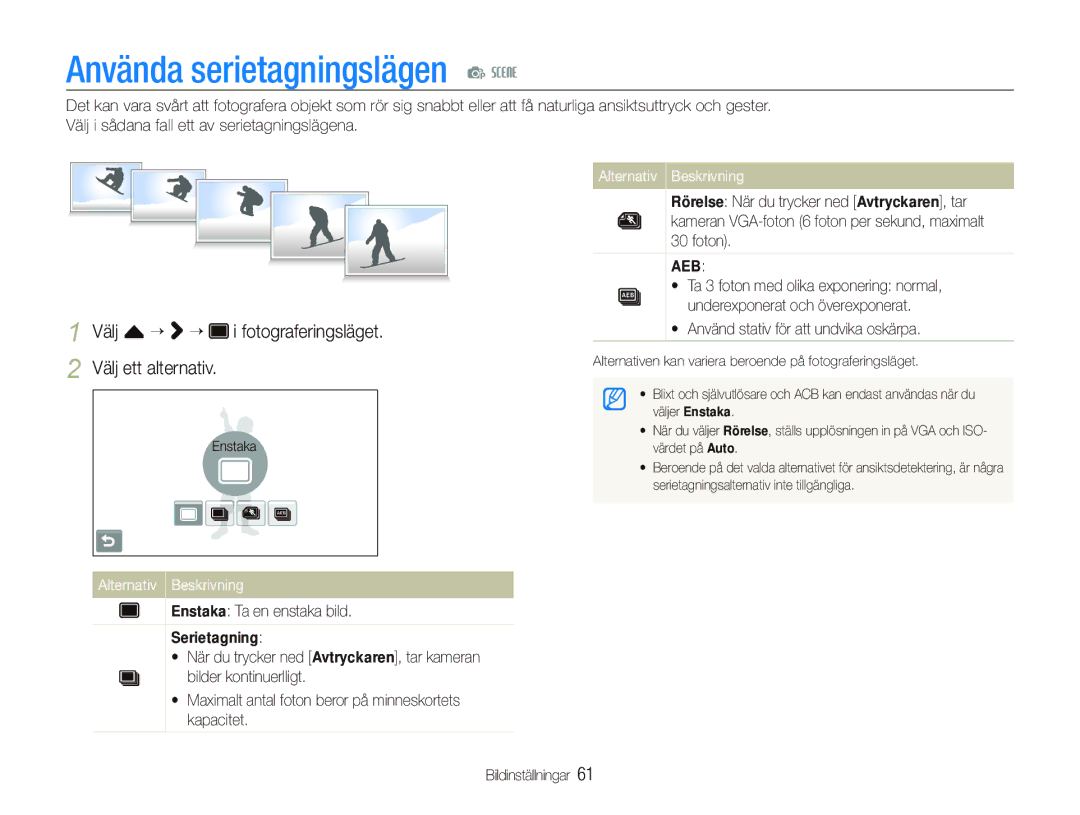 Samsung EC-ST1000BPGE2 manual Använda serietagningslägen p s, Välj f “ “ i fotograferingsläget Välj ett alternativ 