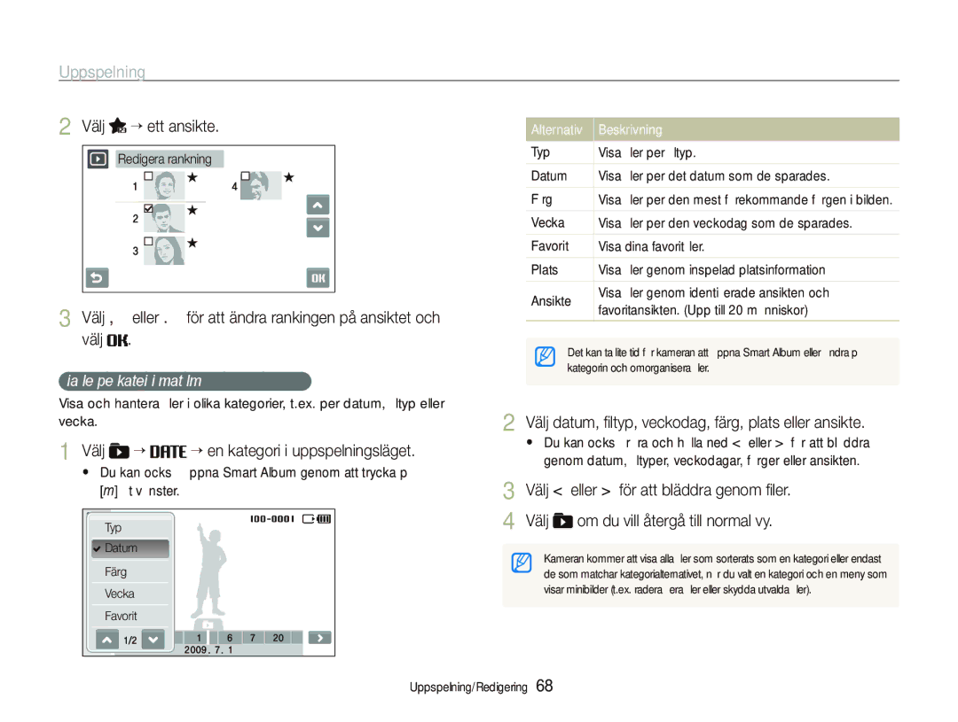 Samsung EC-ST1000BPUE2, EC-ST1000BPRE2 manual Välj “ ett ansikte, Välj , eller . för att ändra rankingen på ansiktet och 