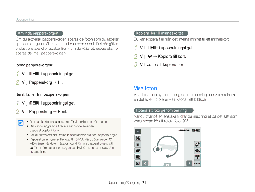 Samsung EC-ST1000BPGE2, EC-ST1000BPRE2, EC-ST1000BPBE2 manual Visa foton, Välj M i uppspelningsläget Välj Papperskorg “ På 