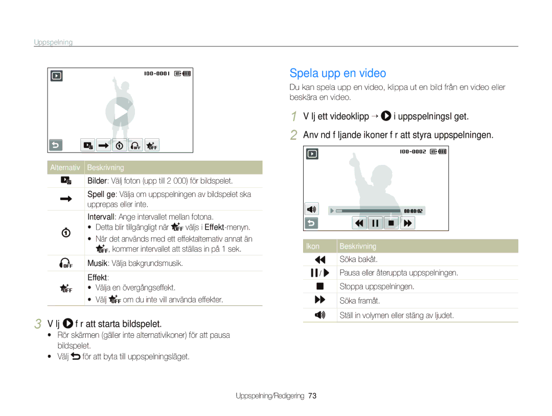 Samsung EC-ST1000BPUE2 manual Spela upp en video, Välj för att starta bildspelet, Välj ett videoklipp “ Uppspelningsläget 