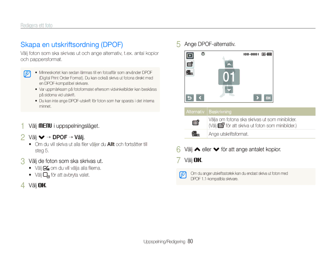 Samsung EC-ST1000BPBE2 Ange DPOF-alternativ, Välj de foton som ska skrivas ut, Välj , eller . för att ange antalet kopior 