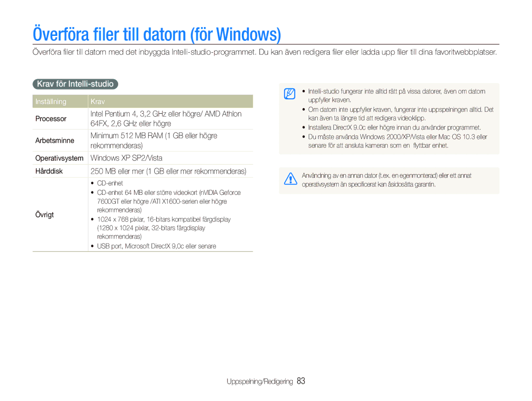 Samsung EC-ST1000BPUE2, EC-ST1000BPRE2 Överföra ﬁler till datorn för Windows, Krav för Intelli-studio, Inställning Krav 