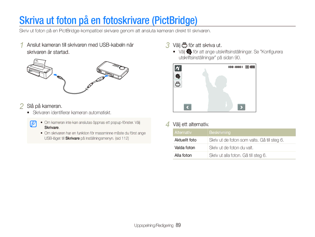 Samsung EC-ST1000BPRE2 manual Skriva ut foton på en fotoskrivare PictBridge, Välj för att skriva ut, Aktuellt foto 