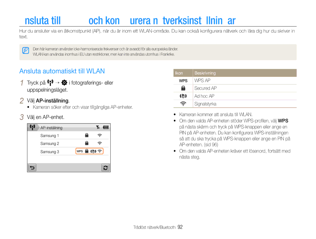 Samsung EC-ST1000BPSE2 manual Ansluta till Wlan och konﬁgurera nätverksinställningar, Ansluta automatiskt till Wlan 