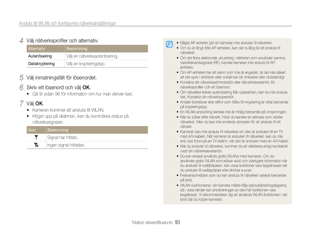 Samsung EC-ST1000BPUE2 manual Ansluta till Wlan och konﬁgurera nätverksinställningar, Välj nätverksproﬁler och alternativ 