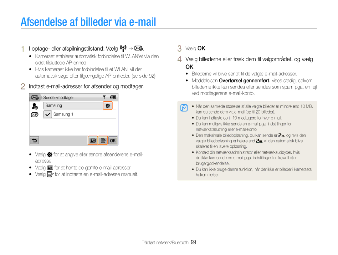 Samsung EC-ST1000BPRE2 manual Afsendelse af billeder via e-mail, Indtast e-mail-adresser for afsender og modtager, Vælg OK 