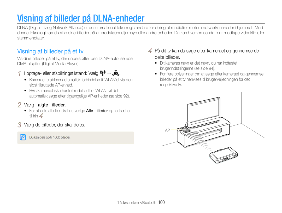 Samsung EC-ST1000BPBE2 manual Visning af billeder på DLNA-enheder, Visning af billeder på et tv, Vælg Valgte billeder 