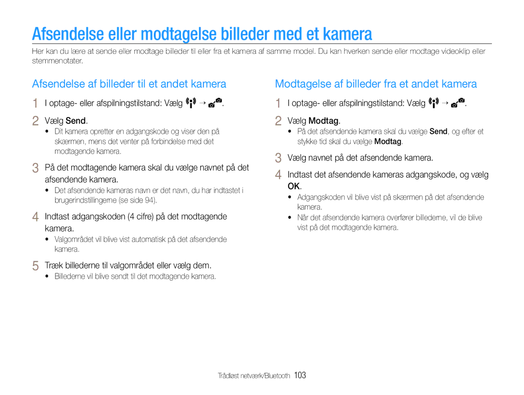 Samsung EC-ST1000BPUE2 Afsendelse eller modtagelse billeder med et kamera, Afsendelse af billeder til et andet kamera 