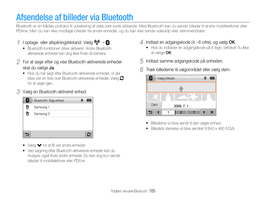 Samsung EC-ST1000BPBE2, EC-ST1000BPRE2 Afsendelse af billeder via Bluetooth, Indtast en adgangskode 4 ~6 cifre, og vælg OK 