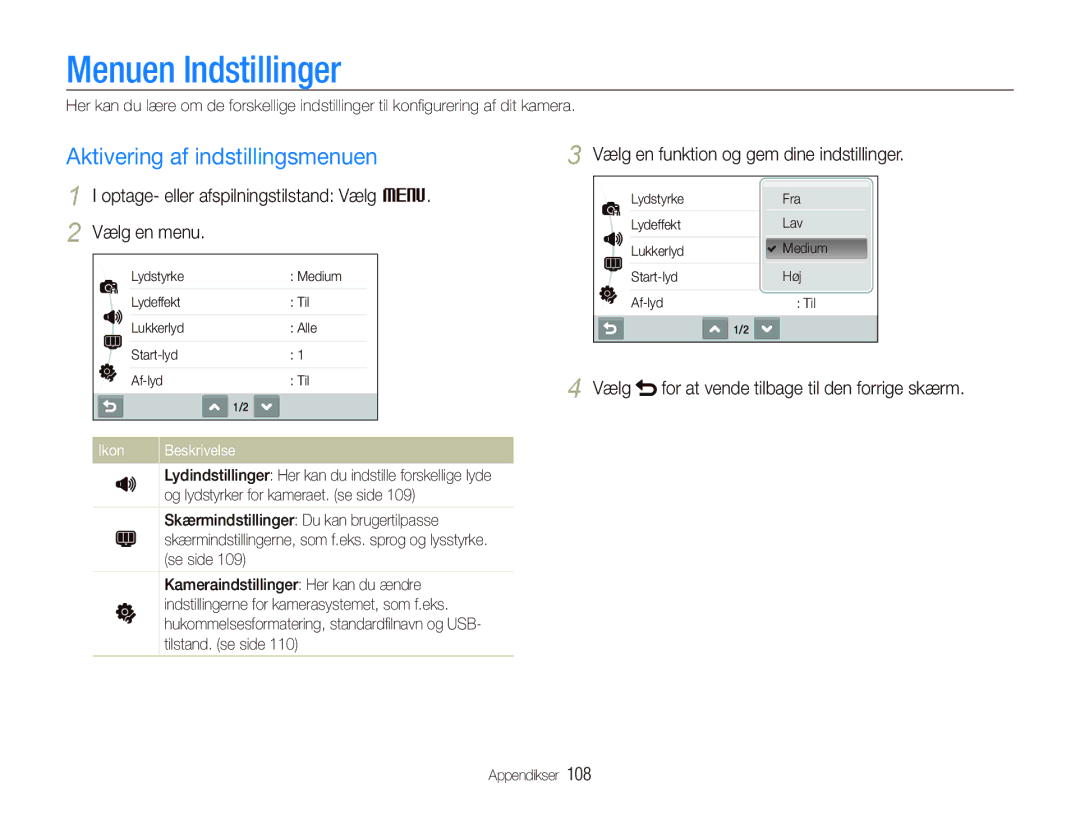 Samsung EC-ST1000BPUE2 Menuen Indstillinger, Aktivering af indstillingsmenuen, Vælg en funktion og gem dine indstillinger 