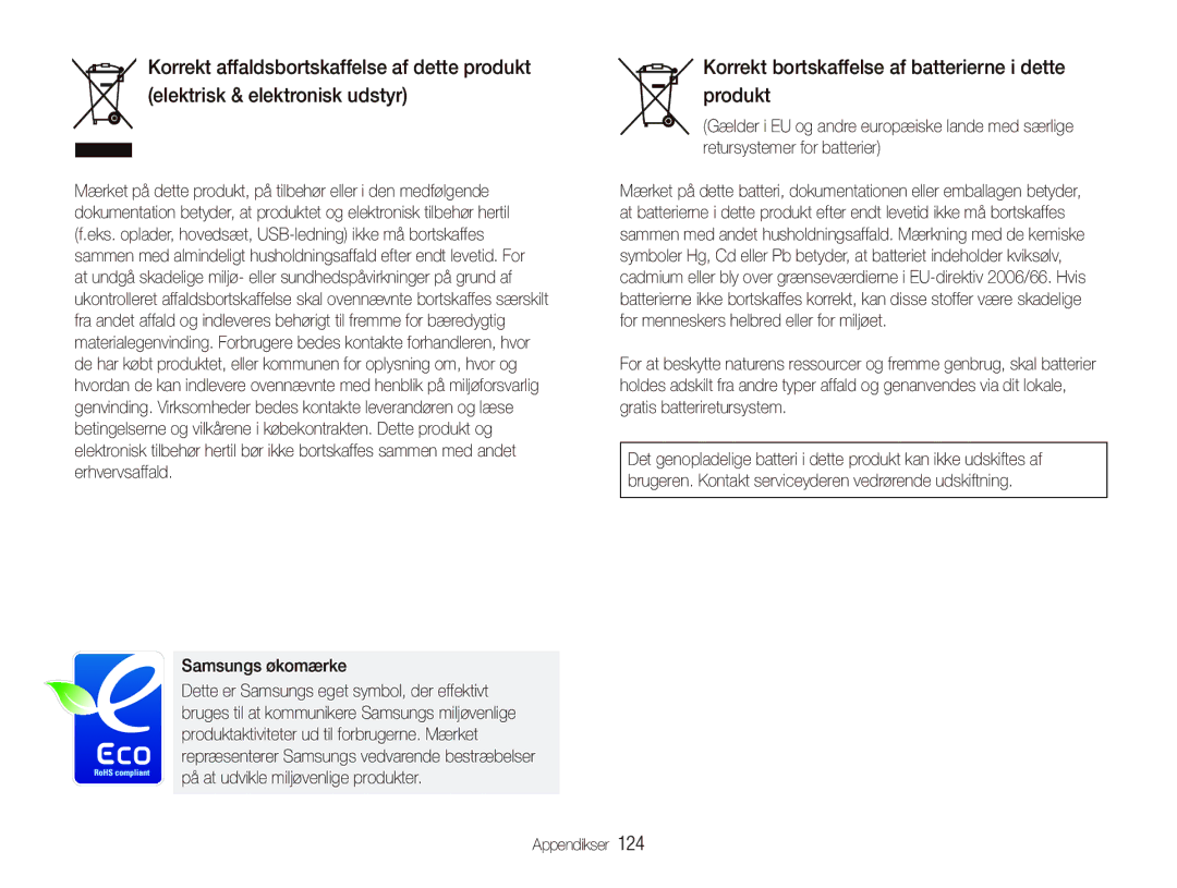 Samsung EC-ST1000BPRE2, EC-ST1000BPBE2 manual Korrekt bortskaffelse af batterierne i dette produkt, Samsungs økomærke 