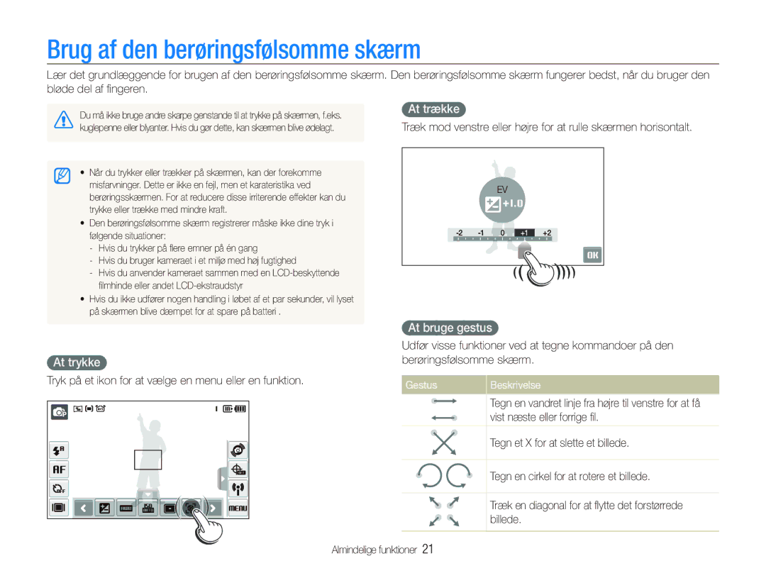 Samsung EC-ST1000BPGE2 Brug af den berøringsfølsomme skærm, At trykke, At trække, At bruge gestus, Gestus Beskrivelse 