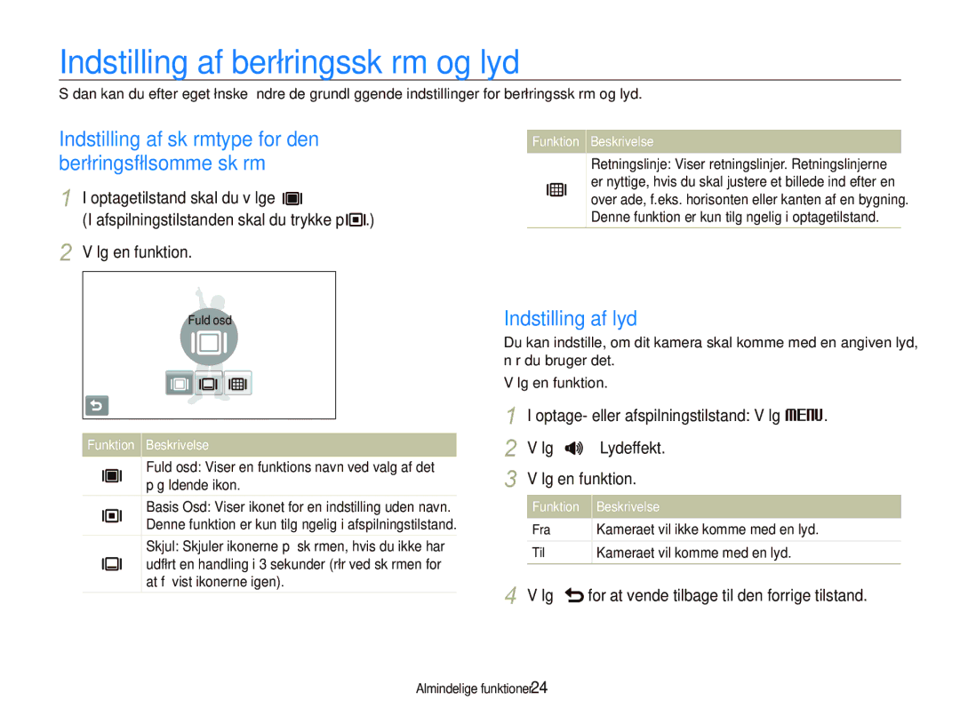 Samsung EC-ST1000BPRE2 Indstilling af berøringsskærm og lyd, Indstilling af skærmtype for den berøringsfølsomme skærm 