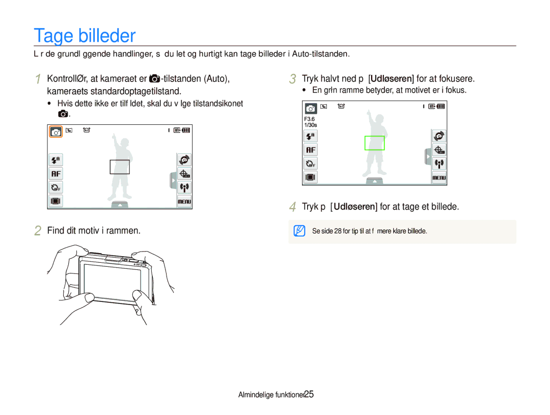 Samsung EC-ST1000BPBE2, EC-ST1000BPRE2, EC-ST1000BPGE2 manual Tage billeder, Tryk halvt ned på Udløseren for at fokusere 