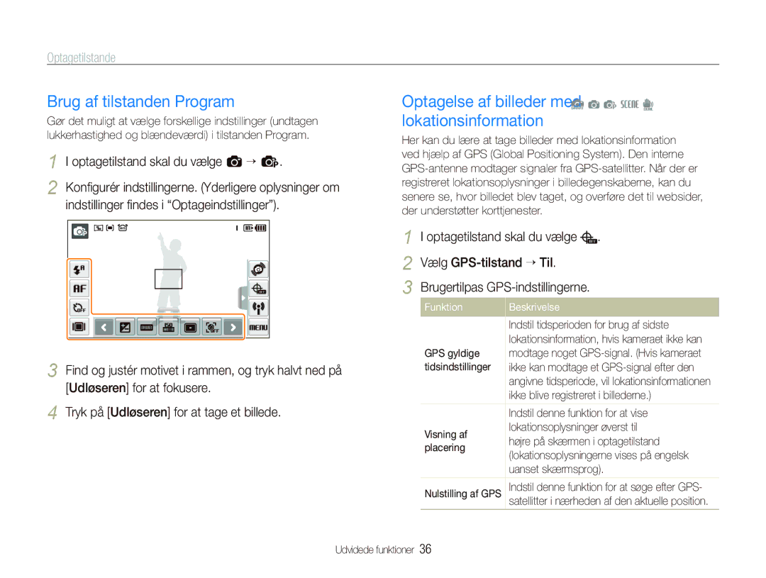 Samsung EC-ST1000BPGE2, EC-ST1000BPRE2 Brug af tilstanden Program, Optagelse af billeder medS a p s d lokationsinformation 