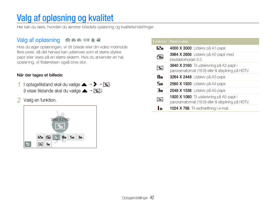 Samsung EC-ST1000BPSE2 Valg af opløsning og kvalitet, Valg af opløsning S a p s d, 1024 X 768 Til vedhæftning i e-mail 