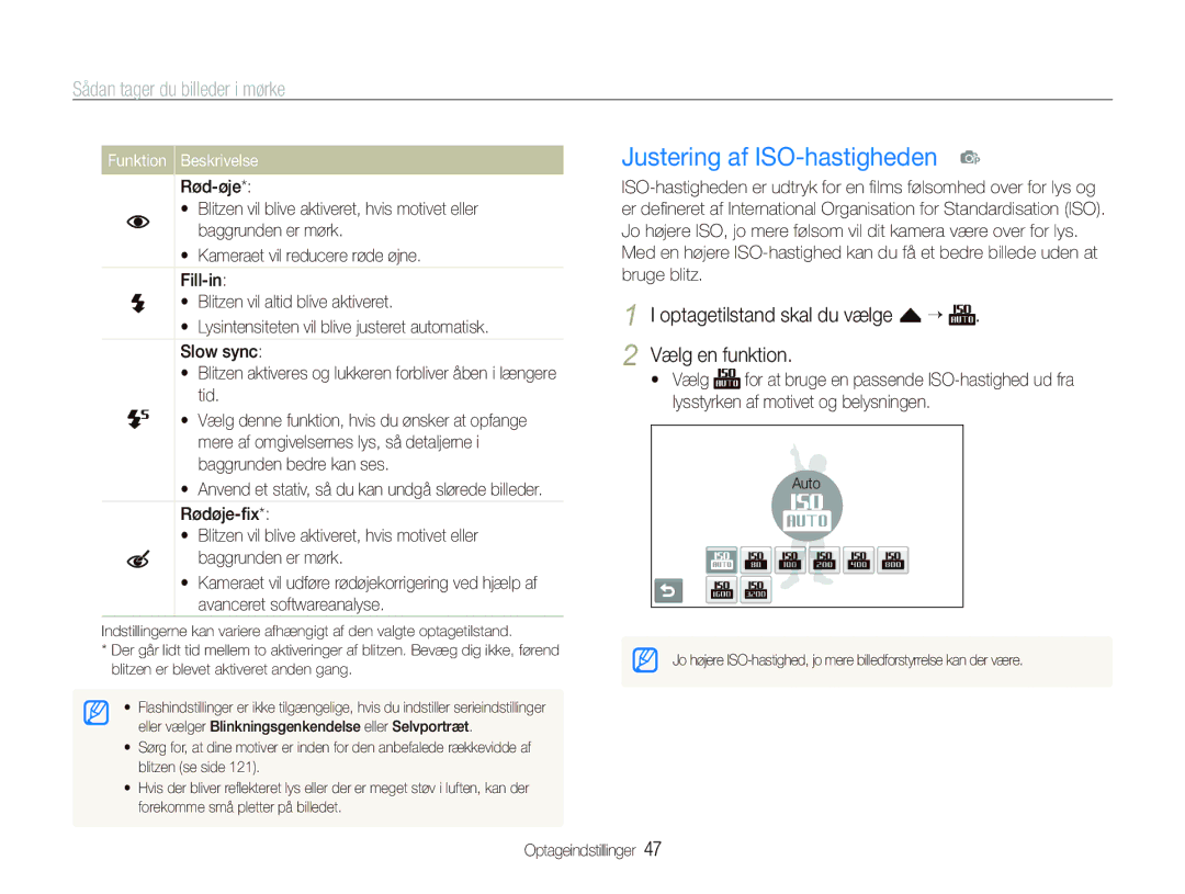 Samsung EC-ST1000BPSE2, EC-ST1000BPRE2, EC-ST1000BPBE2 manual Justering af ISO-hastigheden p, Sådan tager du billeder i mørke 