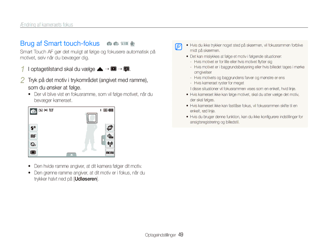 Samsung EC-ST1000BPRE2 Brug af Smart touch-fokus a p s d, Ændring af kameraets fokus, Optagetilstand skal du vælge f “ “ 