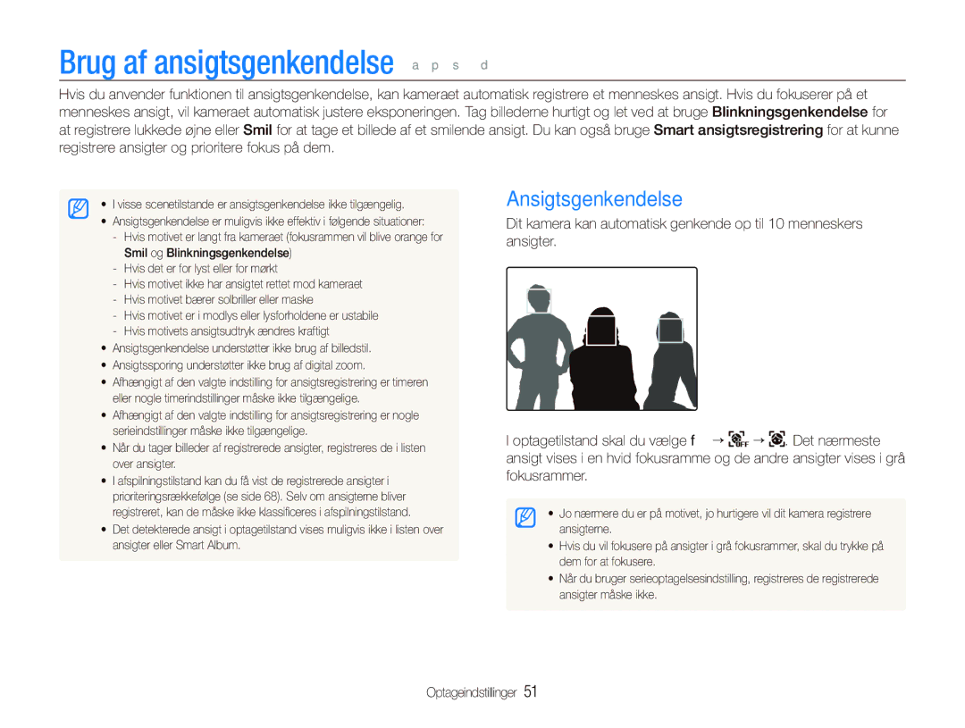 Samsung EC-ST1000BPGE2, EC-ST1000BPRE2, EC-ST1000BPBE2 manual Brug af ansigtsgenkendelse a p s d, Ansigtsgenkendelse 