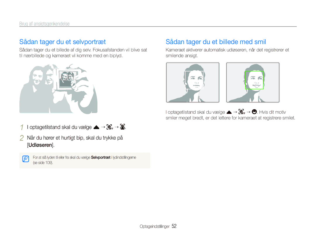 Samsung EC-ST1000BPSE2 manual Sådan tager du et selvportræt, Sådan tager du et billede med smil, Brug af ansigtsgenkendelse 