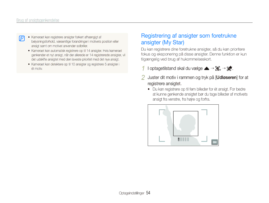 Samsung EC-ST1000BPRE2, EC-ST1000BPBE2 manual Registrering af ansigter som foretrukne ansigter My Star, Registrere ansigtet 