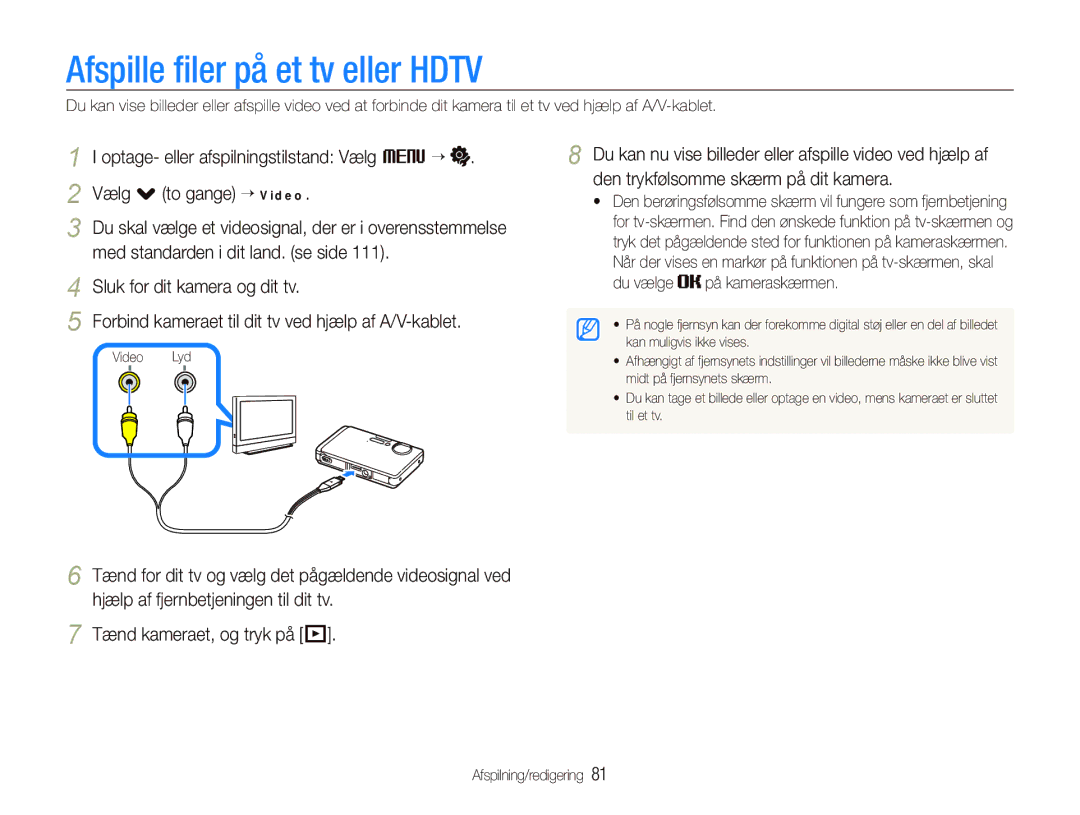 Samsung EC-ST1000BPGE2, EC-ST1000BPRE2, EC-ST1000BPBE2 manual Afspille ﬁler på et tv eller Hdtv, Du vælge på kameraskærmen 