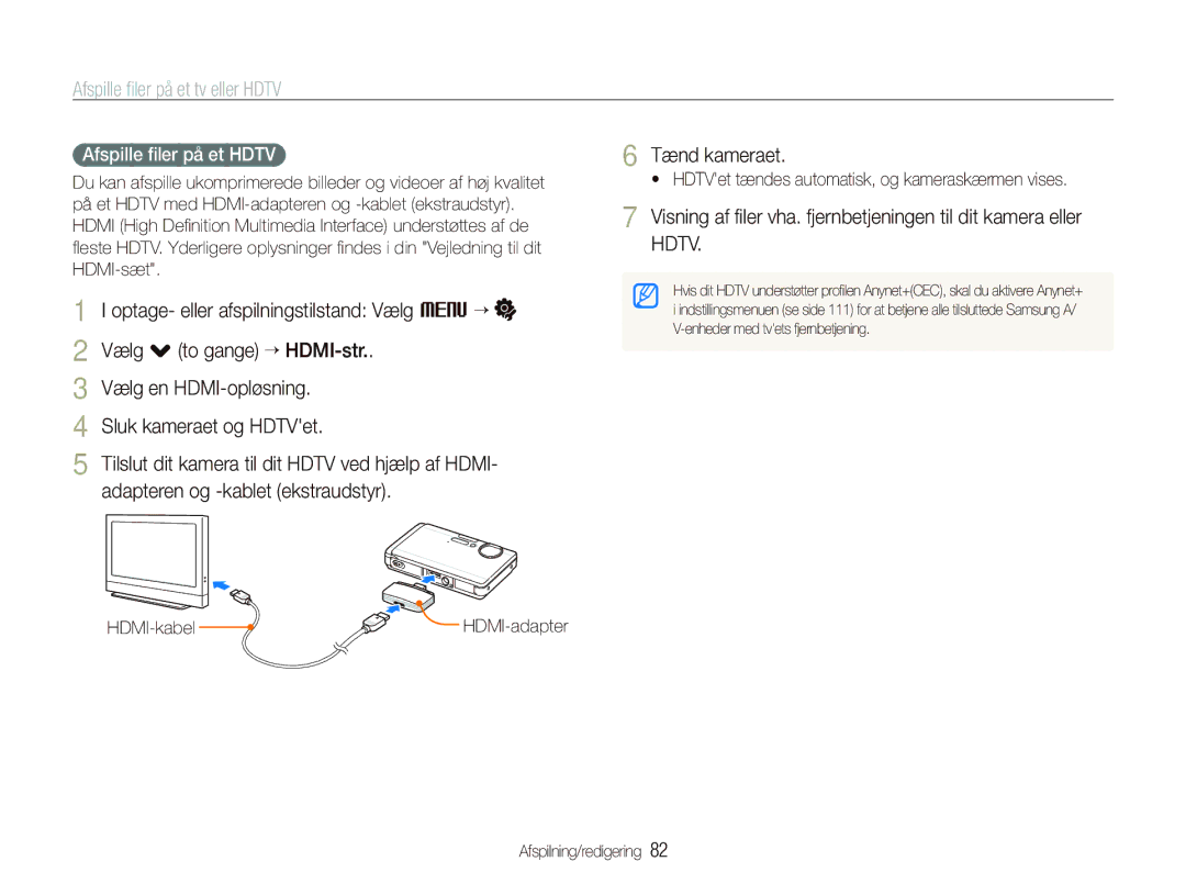 Samsung EC-ST1000BPSE2, EC-ST1000BPRE2 manual Afspille ﬁler på et tv eller Hdtv, Afspille ﬁler på et Hdtv, HDMI-kabel 