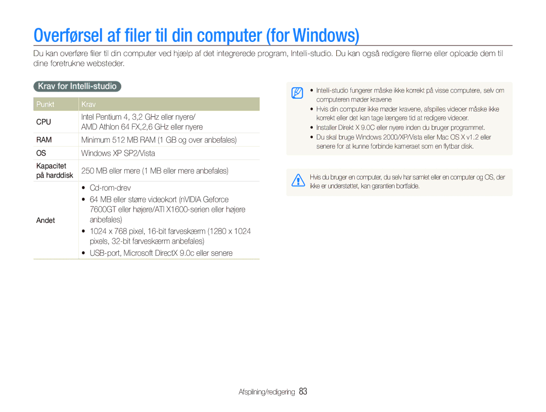 Samsung EC-ST1000BPUE2 manual Overførsel af ﬁler til din computer for Windows, Krav for Intelli-studio, Punkt Krav 