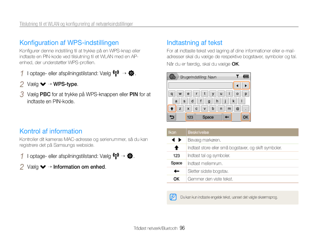 Samsung EC-ST1000BPGE2, EC-ST1000BPRE2 Konﬁguration af WPS-indstillingen, Kontrol af information, Indtastning af tekst 