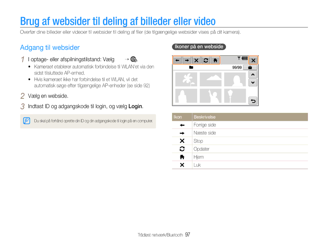 Samsung EC-ST1000BPSE2 Brug af websider til deling af billeder eller video, Adgang til websider, Ikoner på en webside 