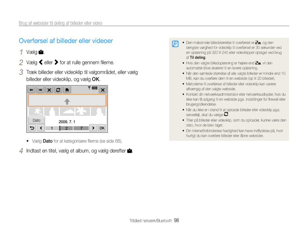 Samsung EC-ST1000BPUE2 manual Overførsel af billeder eller videoer, Brug af websider til deling af billeder eller video 