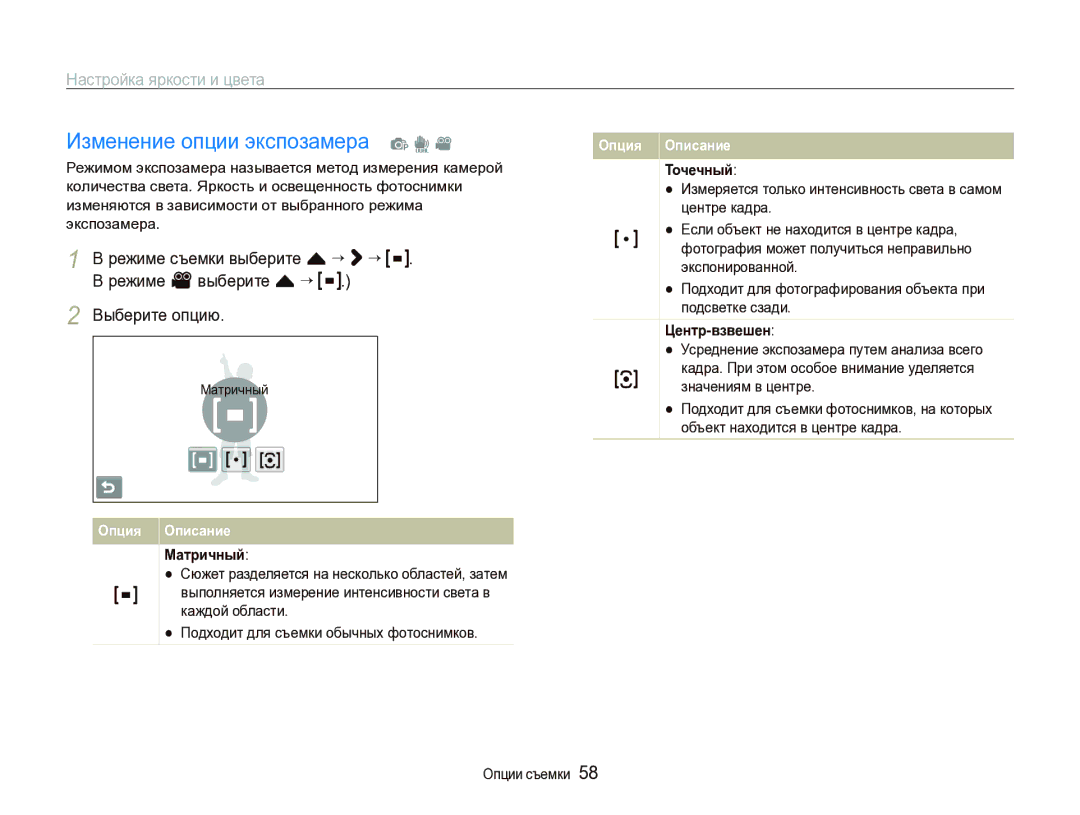 Samsung EC-ST1000BPSRU manual Изменение опции экспозамера p d, Режиме v выберите f “, Точечный, Центр-взвешен, Матричный 