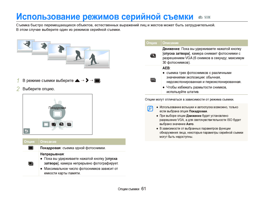 Samsung EC-ST1000BPBRU, EC-ST1000BPRRU, EC-ST1000BPURU manual Использование режимов серийной съемки p s, Непрерывная 