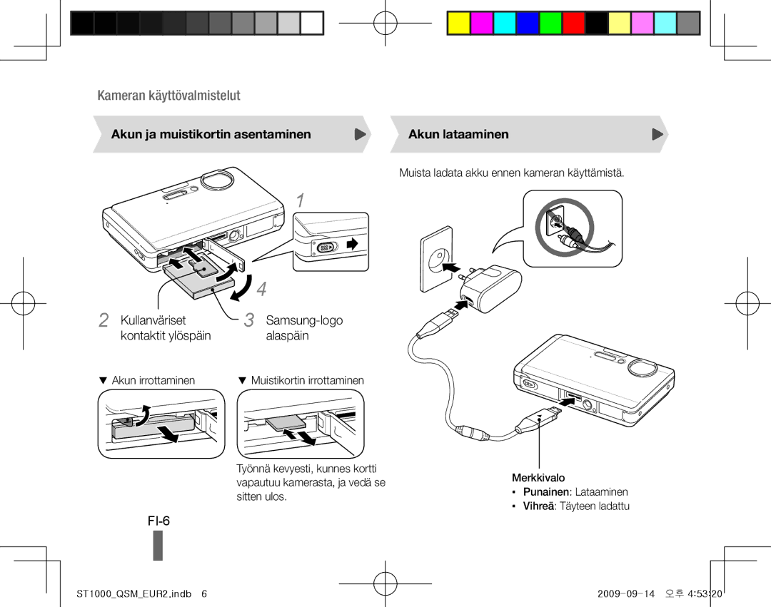 Samsung EC-ST1000BPRME FI-6, Akun ja muistikortin asentaminen, Kullanväriset Samsung-logo Kontaktit ylöspäin Alaspäin 