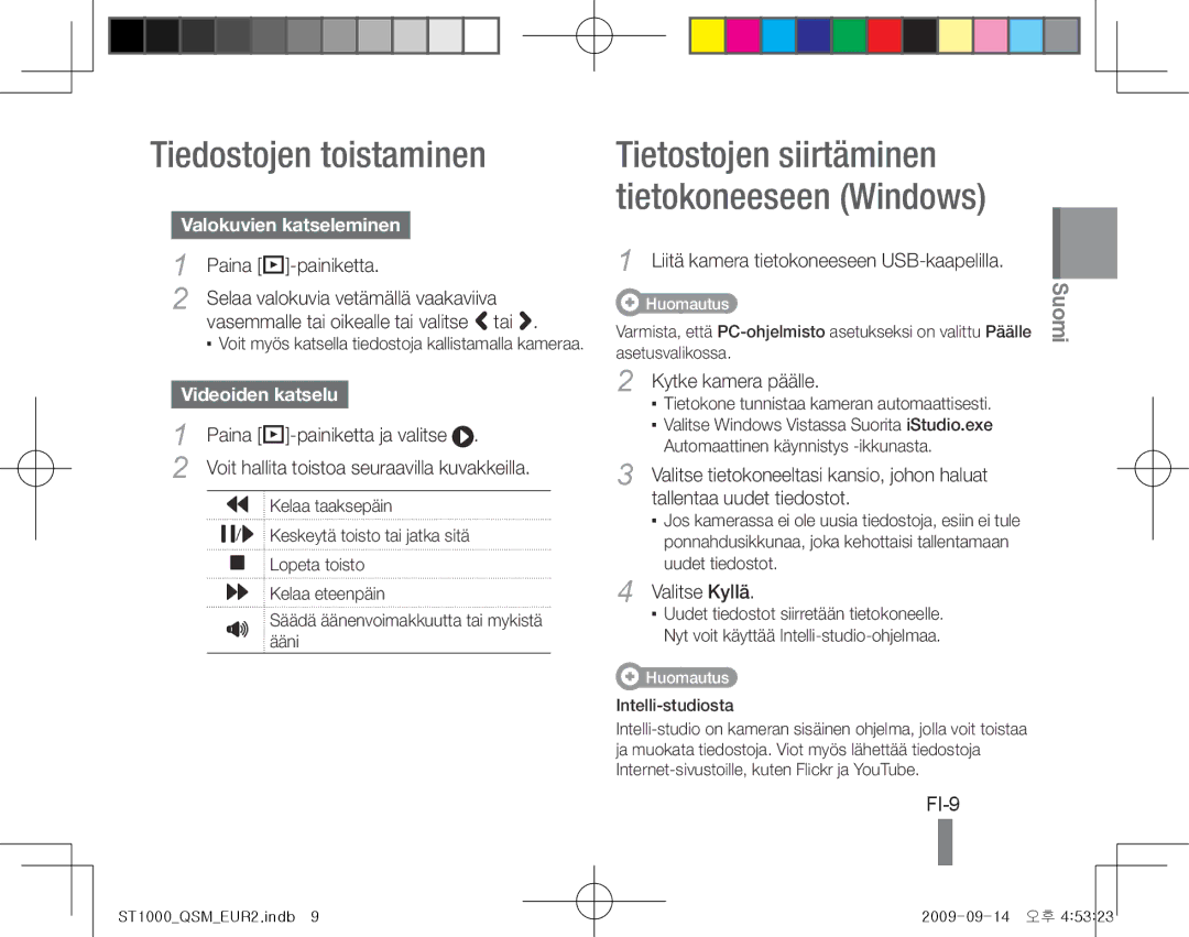 Samsung EC-ST1000BPUVN, EC-ST1000BPSE1 manual Tiedostojen toistaminen, FI-9, Valokuvien katseleminen, Videoiden katselu 