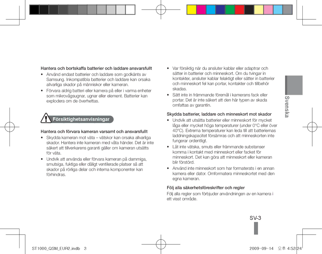 Samsung EC-ST1000BPBE3 manual SV-3, Hantera och bortskaffa batterier och laddare ansvarsfullt, Försiktighetsanvisningar 